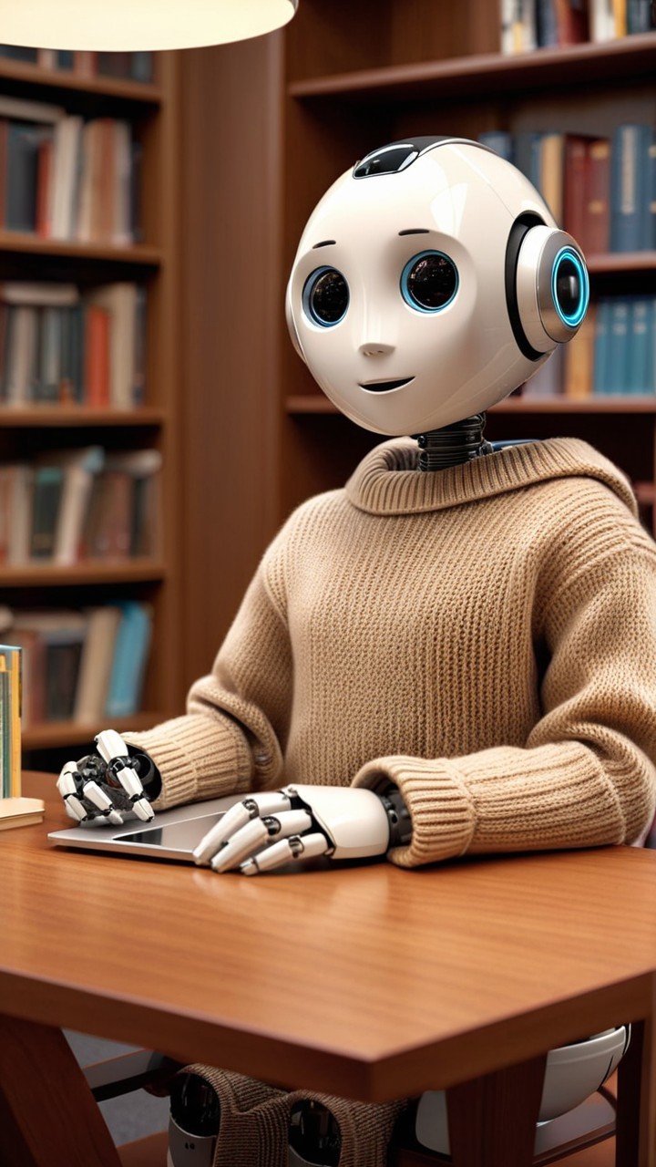 Humanoid Robot in Cozy Library Setting with Tablet