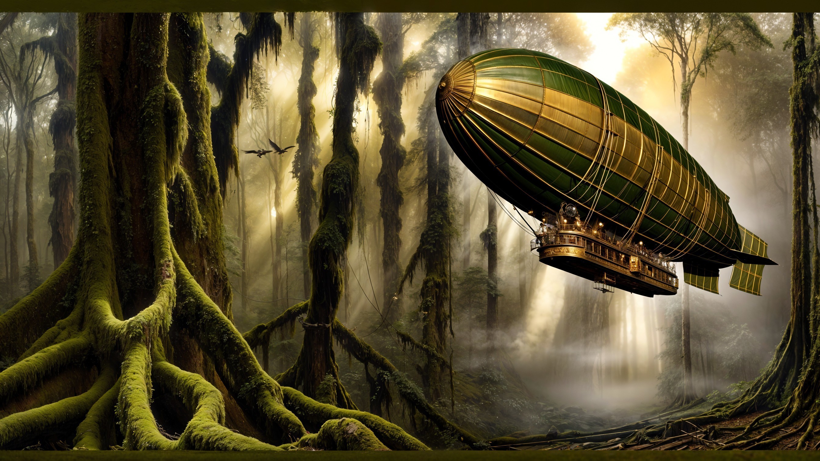 Airship in a Mystical Forest with Towering Trees