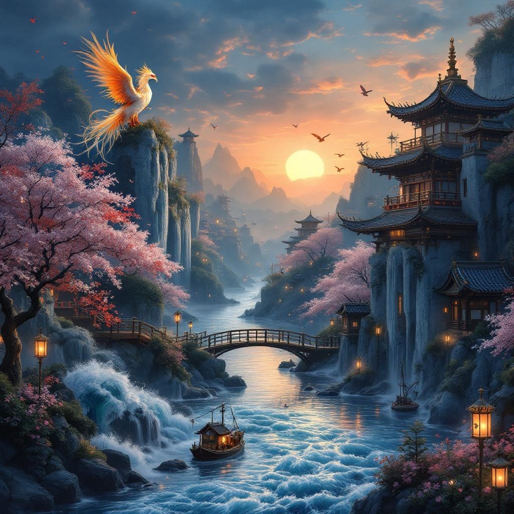 Serene Landscape with Mountains and Waterfalls at Sunset