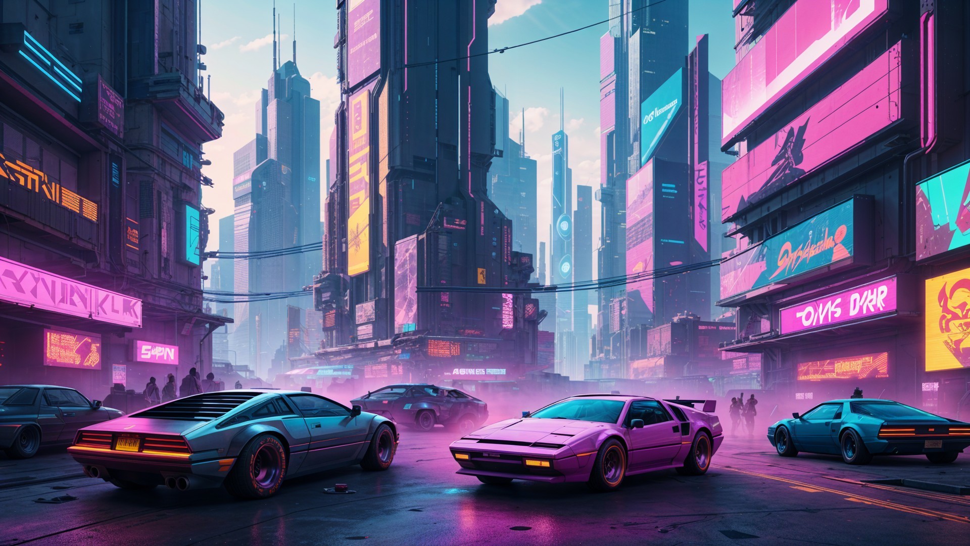 Vibrant Cyberpunk Cityscape with Neon Skyscrapers