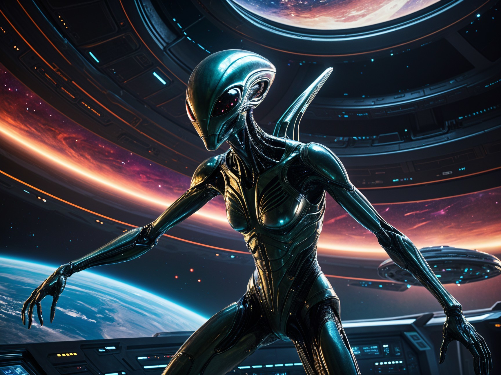 Humanoid Alien in Futuristic Spacecraft Interior