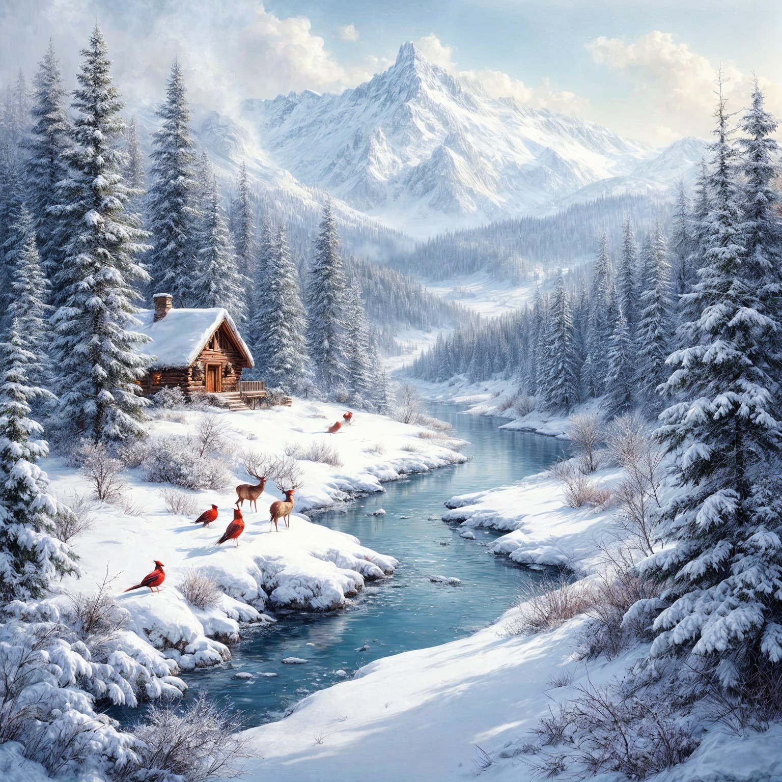 Cozy Cabin in Snowy Winter Landscape with Deer