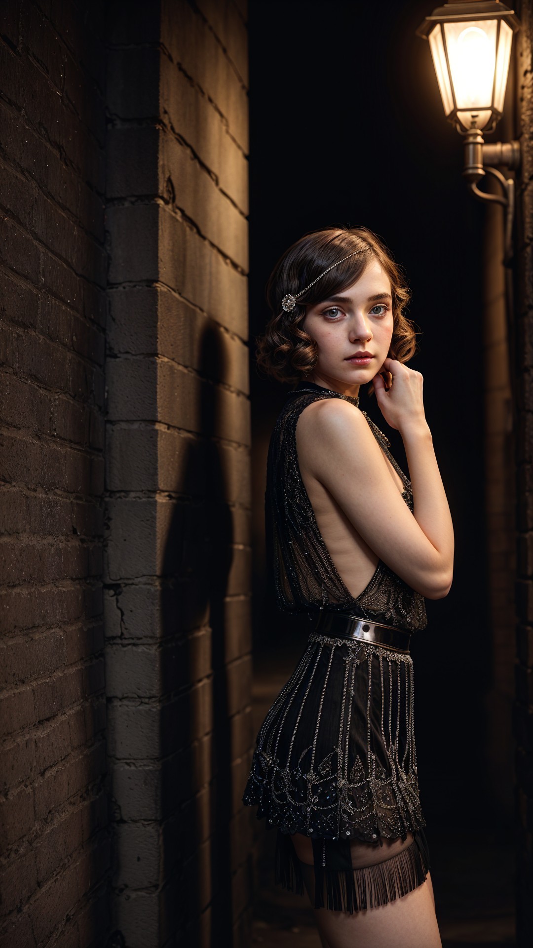Elegant Young Woman in 1920s Style Dress in Alleyway