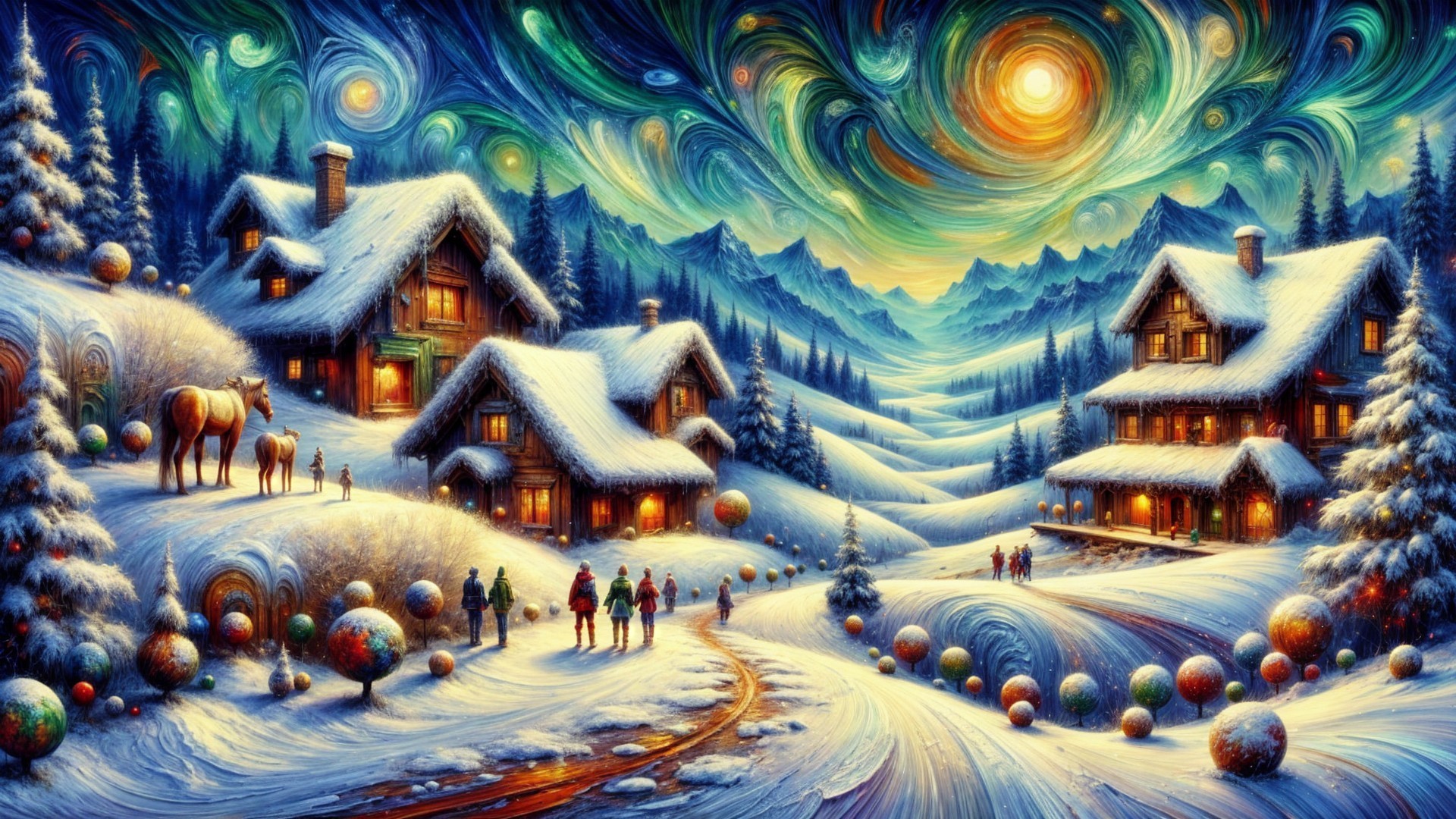 Winter Scene with Houses, Snow, and Festive Lights