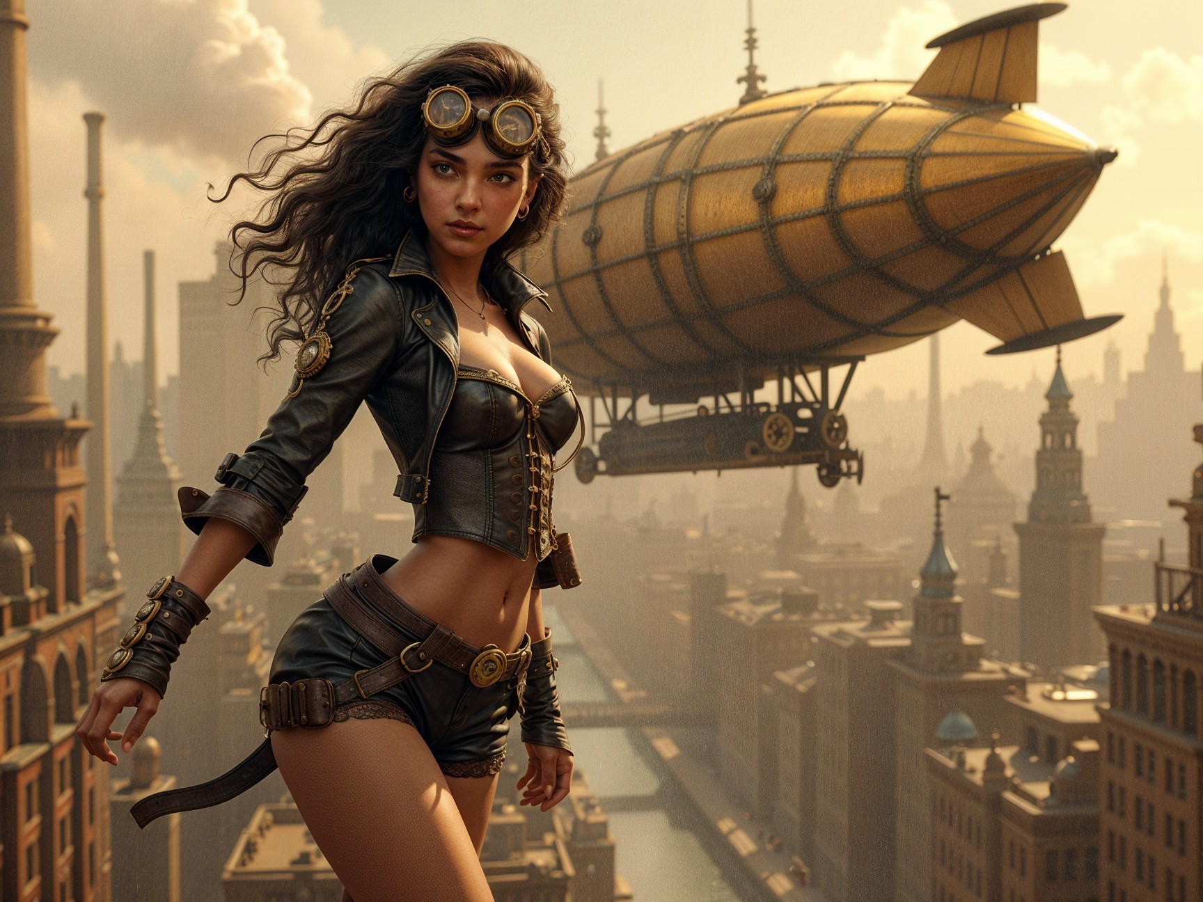 Steampunk Cityscape with Confident Young Woman and Airship