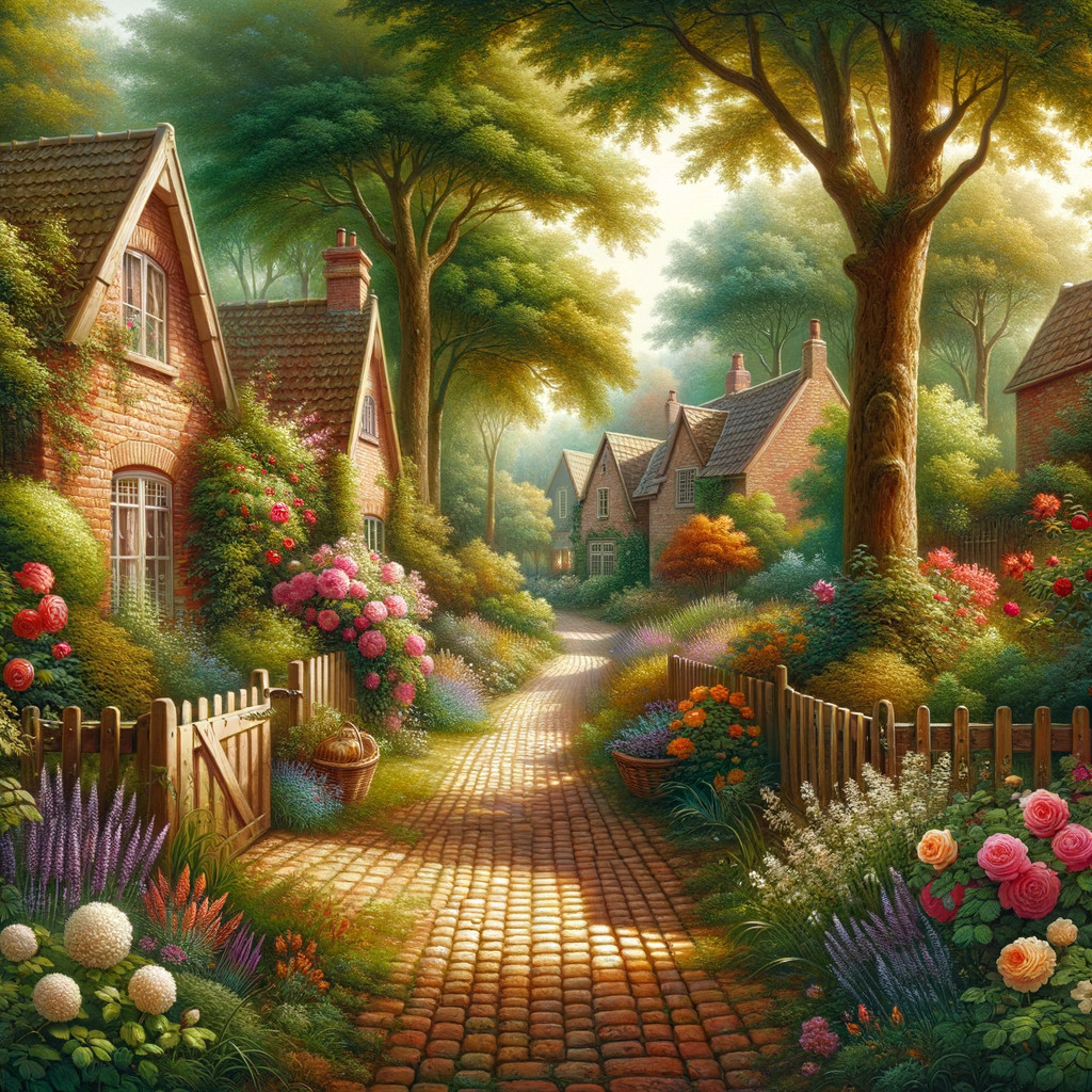 Charming Village Pathway Surrounded by Colorful Gardens