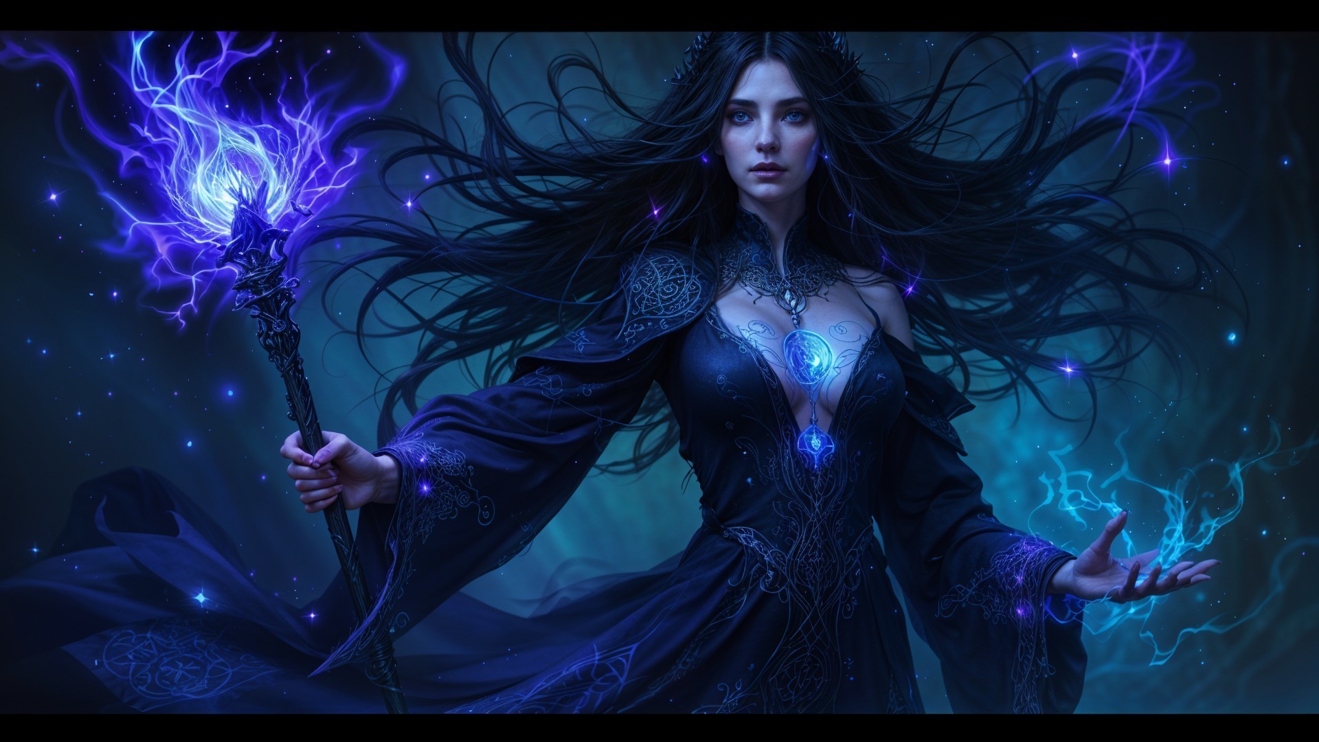 Mystical sorceress in dark realm with glowing staff