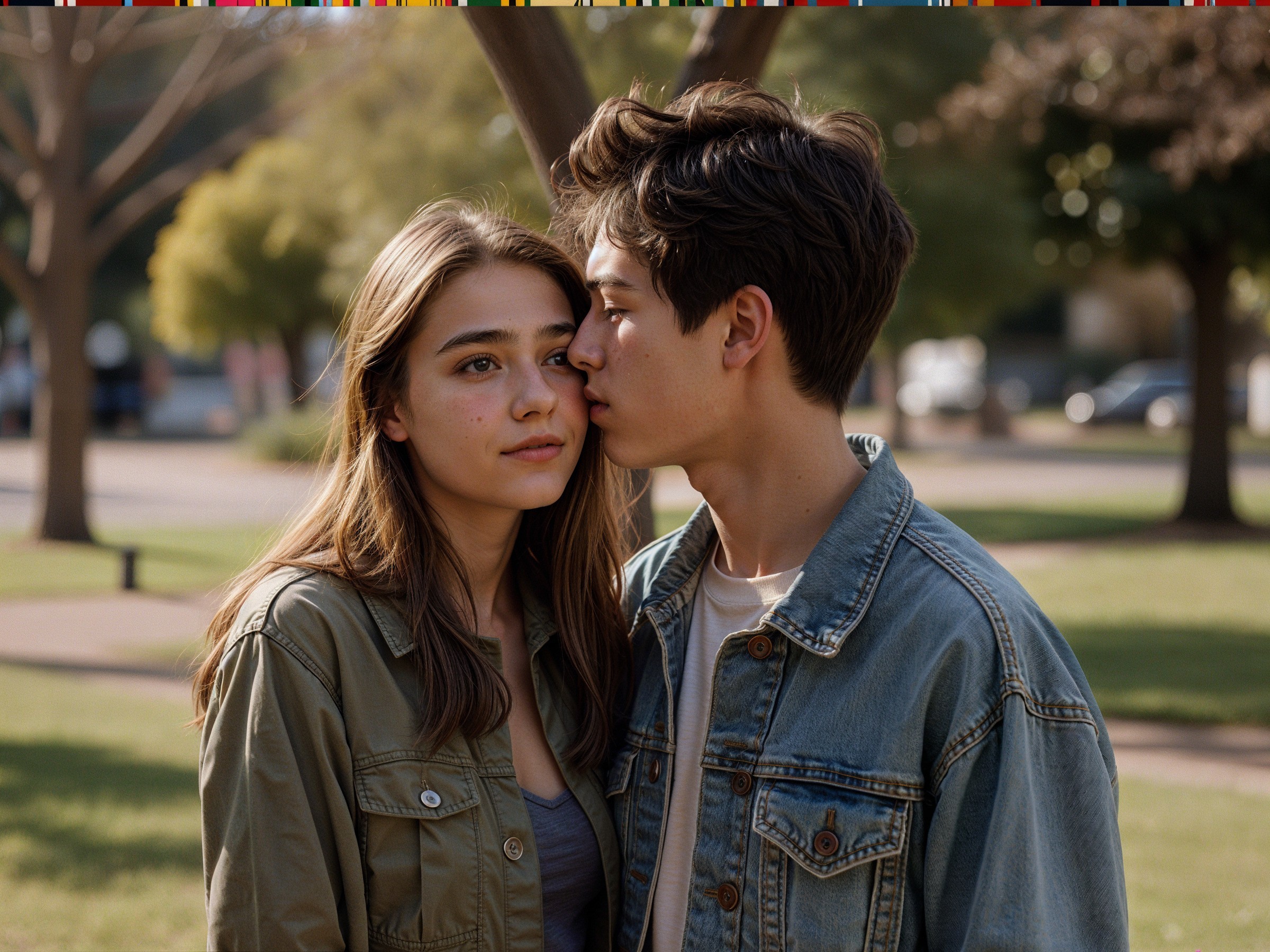 Young couple in serene outdoor setting with affection