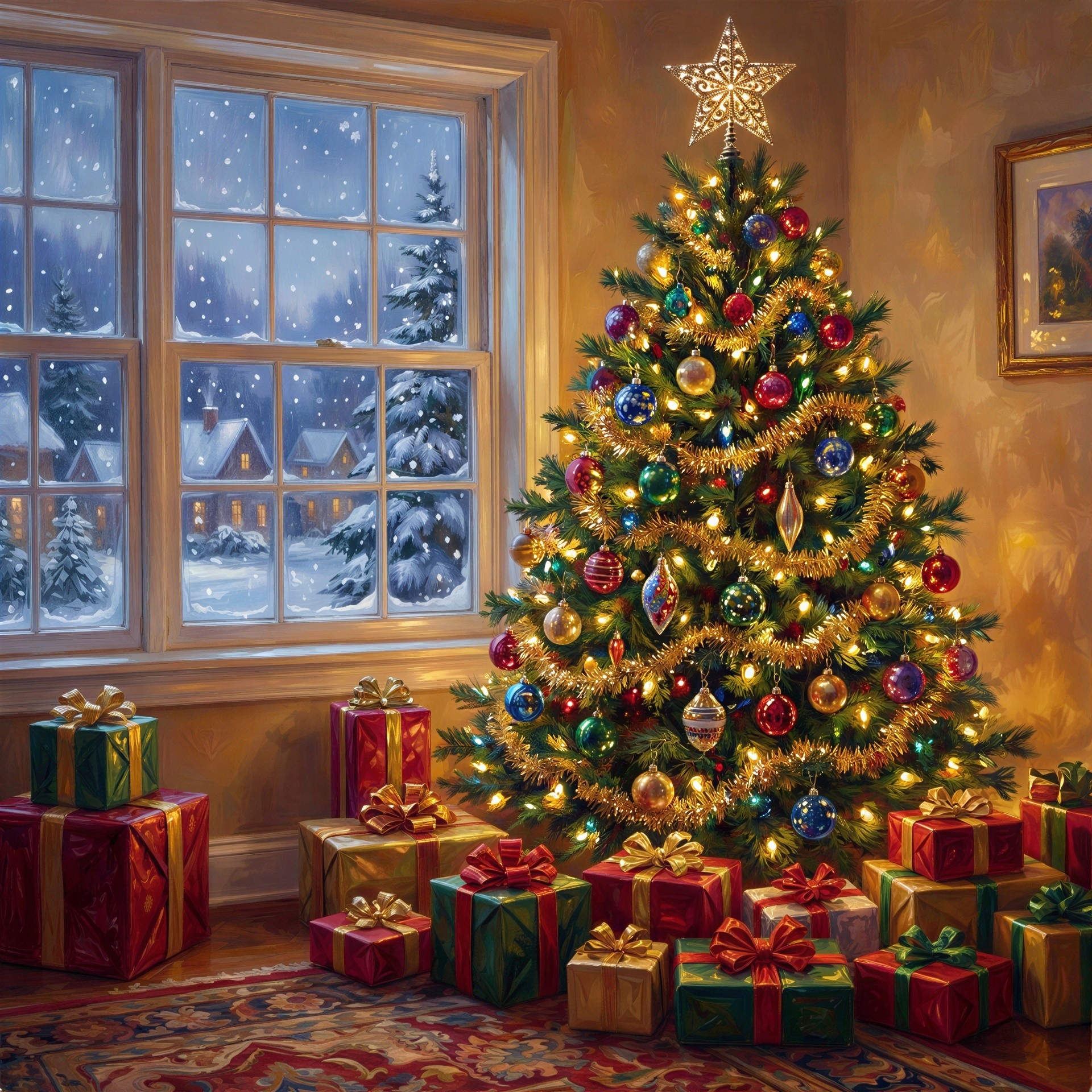 Cozy Holiday Indoor Scene with Christmas Tree and Gifts