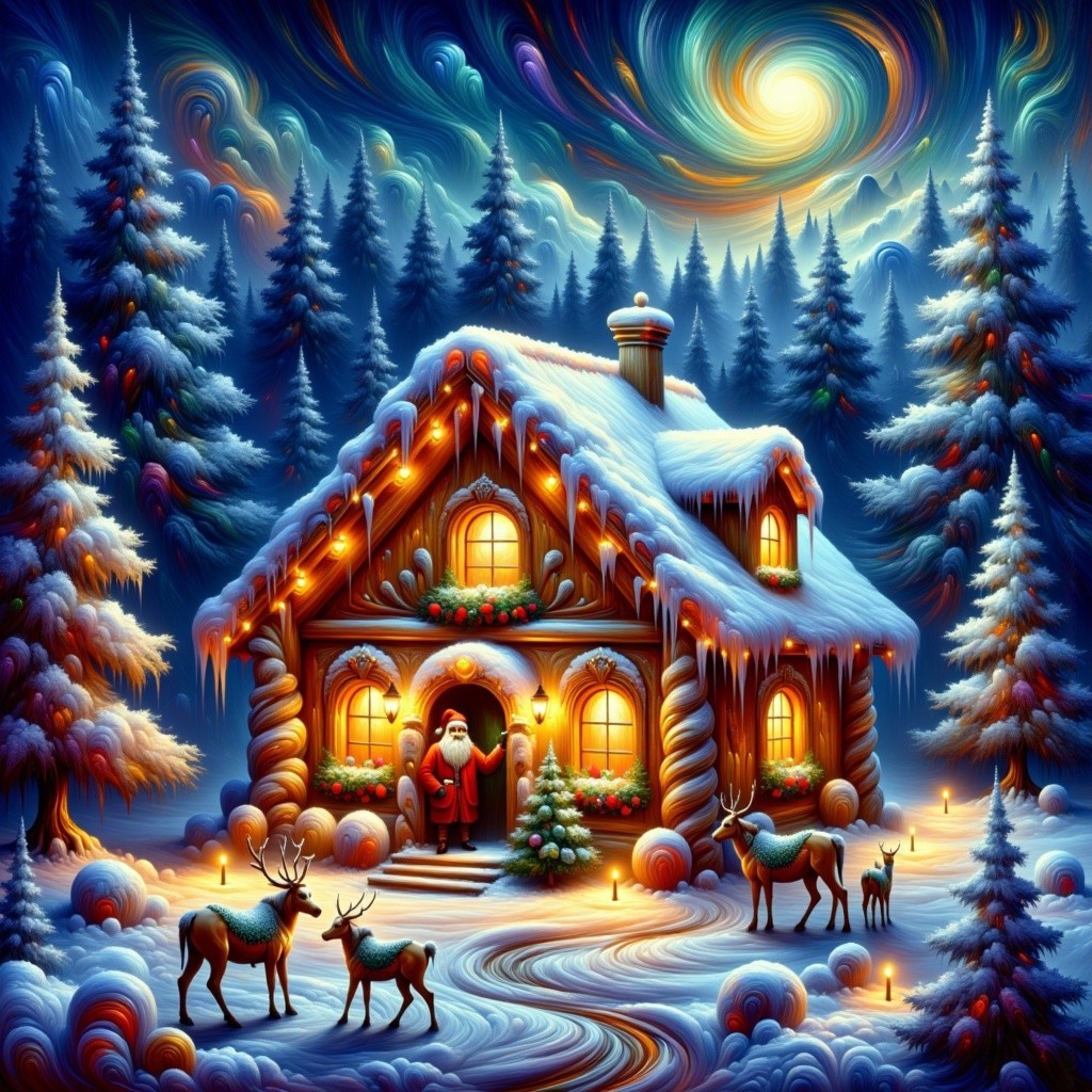 Cozy Snow-Covered Cabin in a Festive Winter Scene