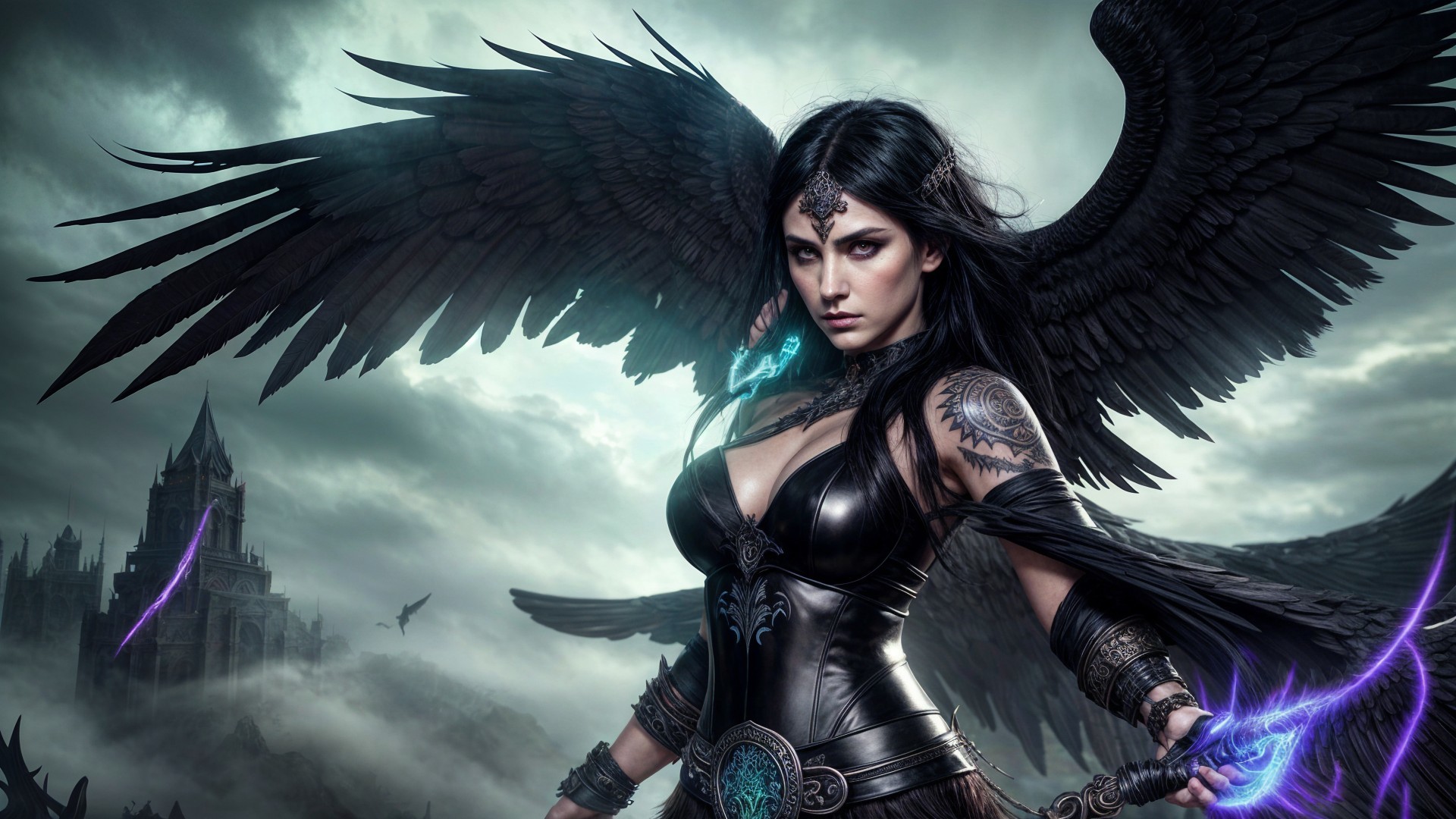 Mystical Figure with Black Wings in Dark Landscape