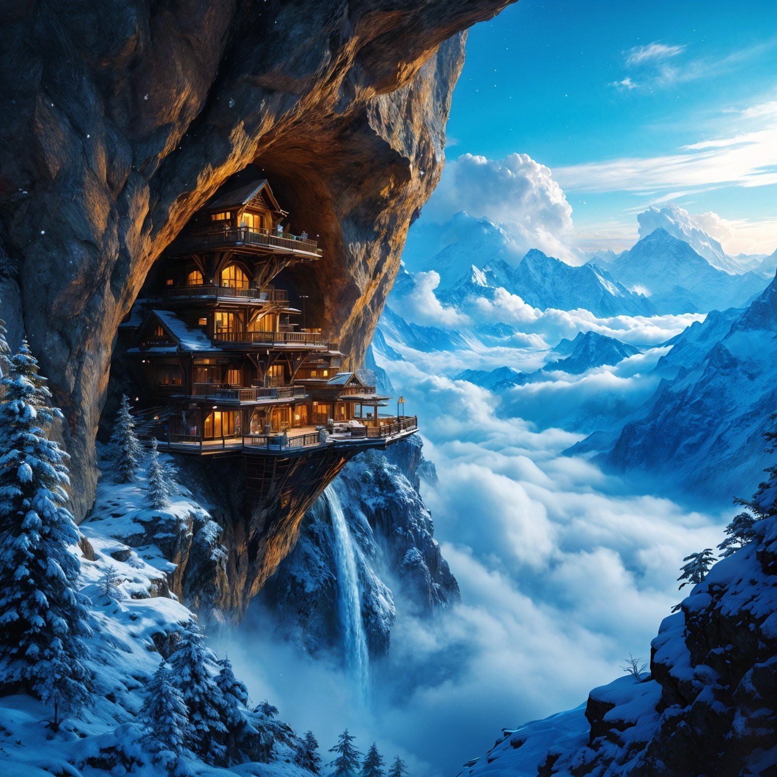 Mountain Retreat with Cliffside House and Waterfall