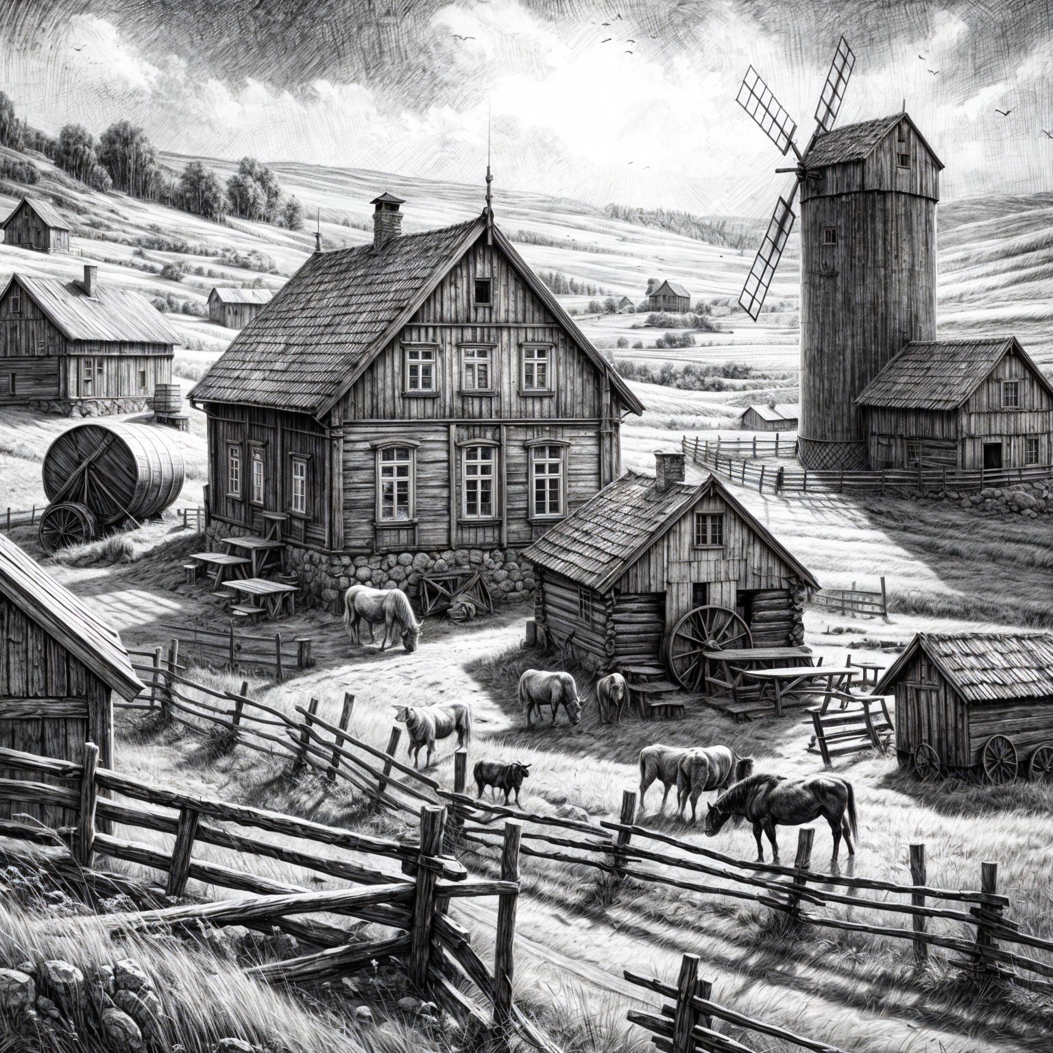 Black-and-white pastoral scene with farmhouse and animals
