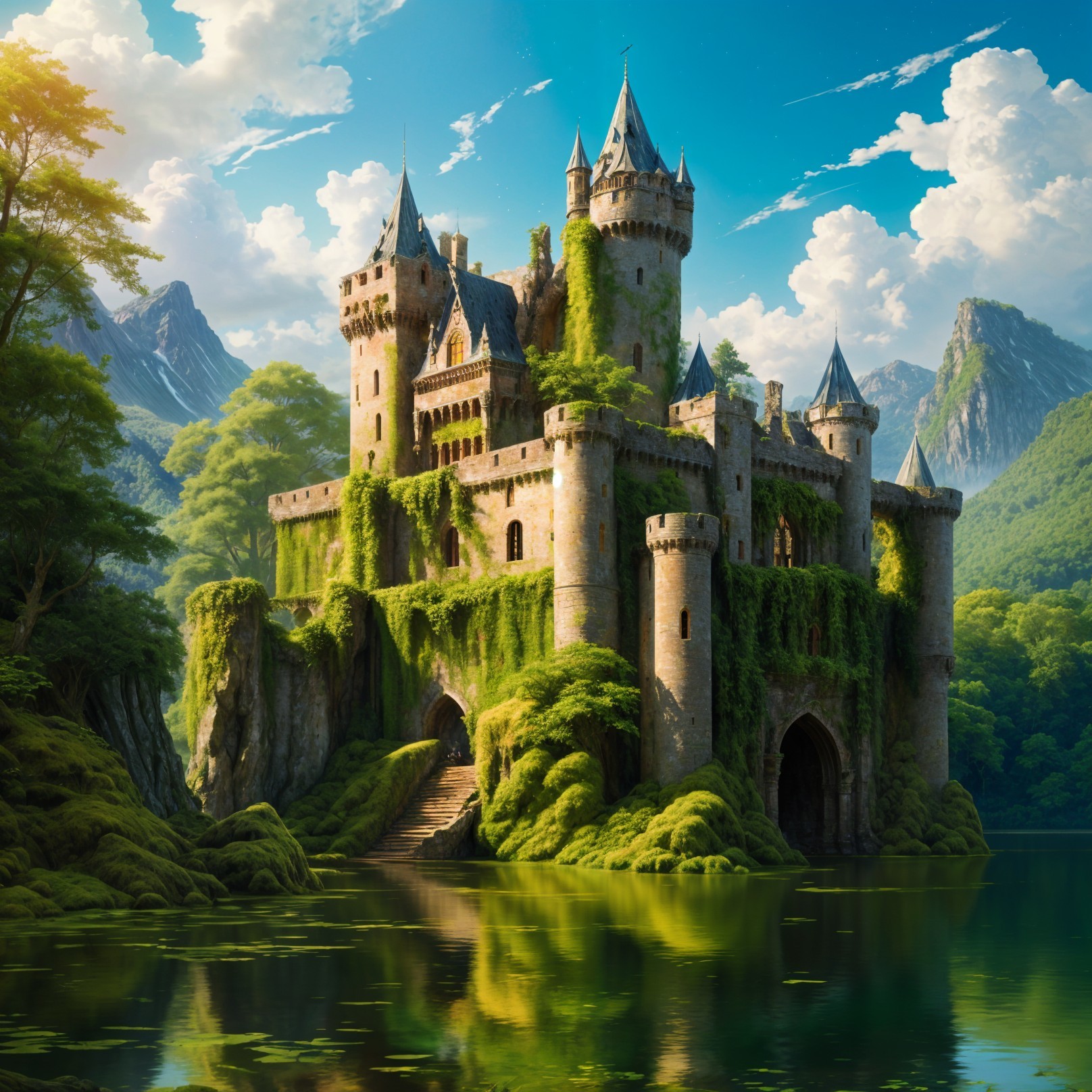 Majestic Castle Surrounded by Mountains and Nature
