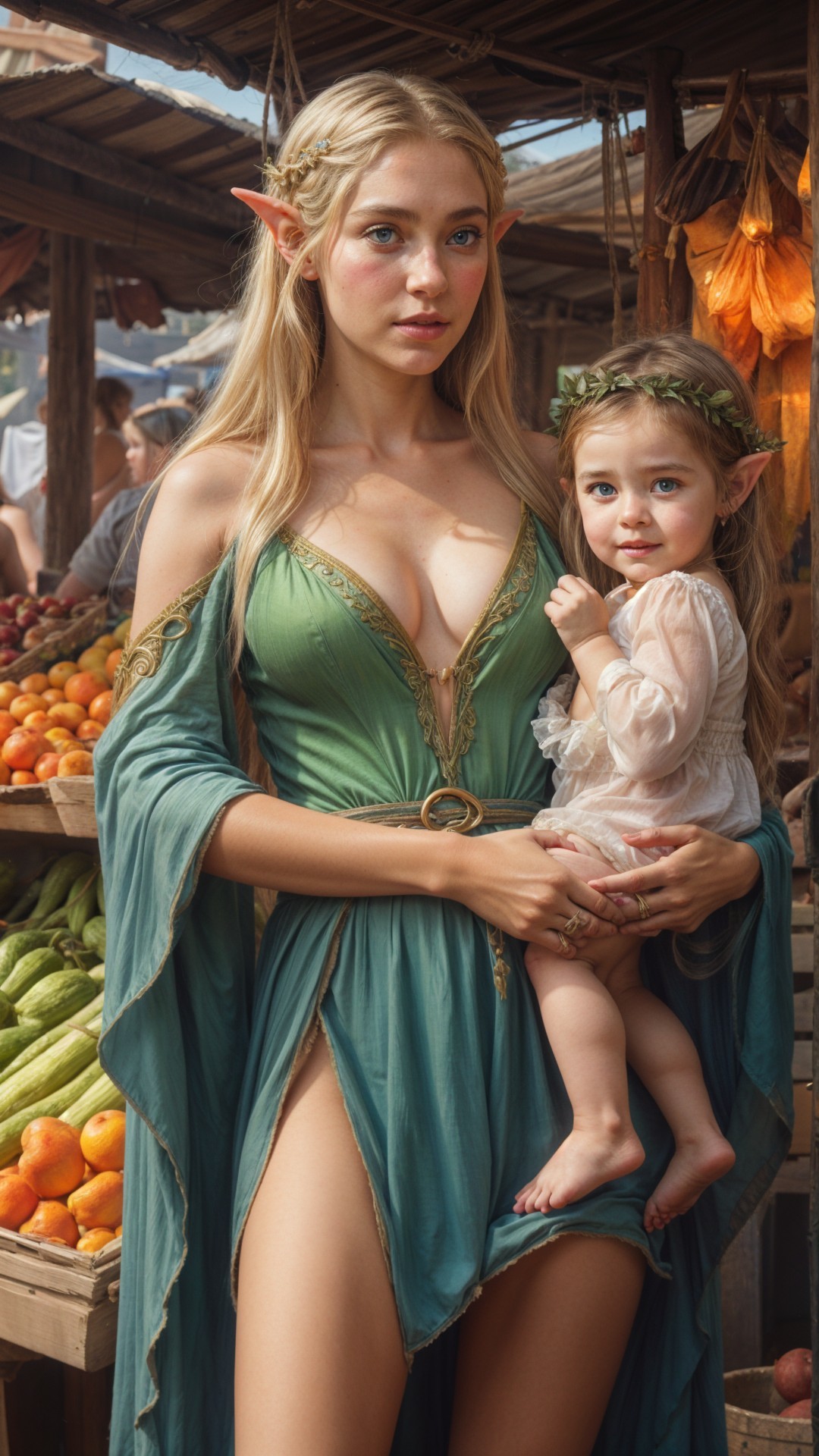 Elf Woman with Child in Vibrant Marketplace Scene