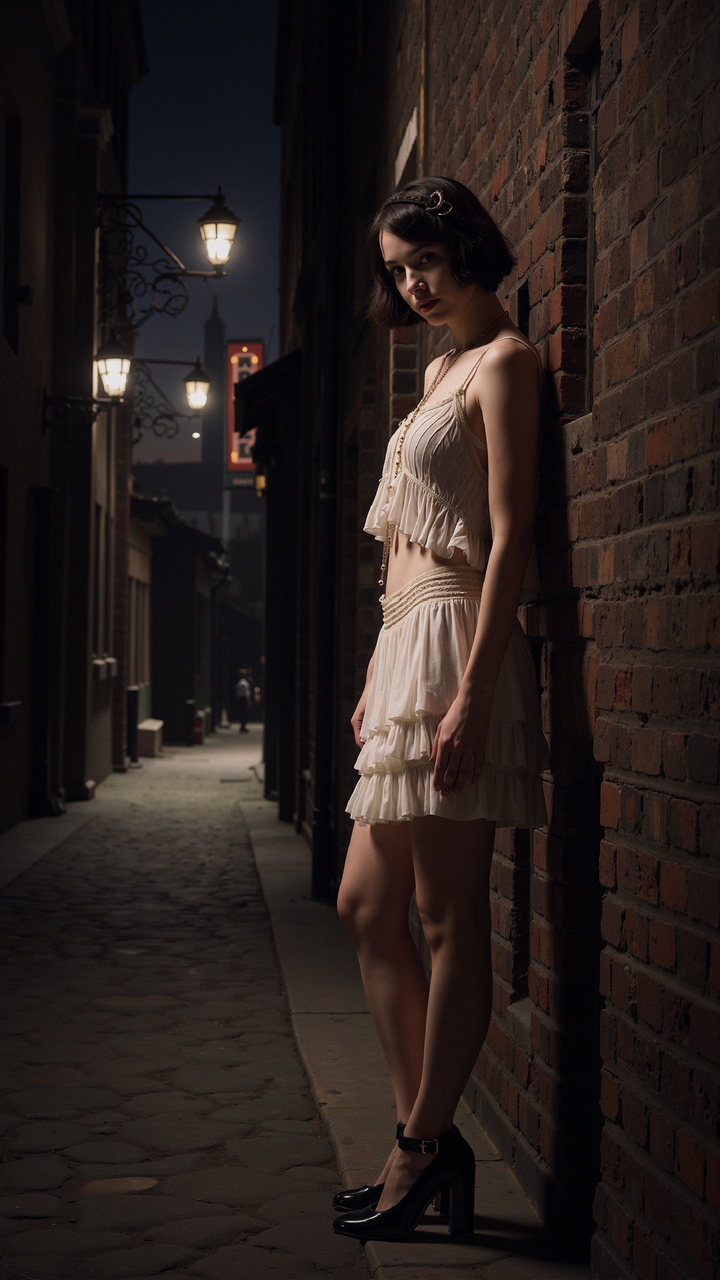 Young woman in white dress poses in dim alley