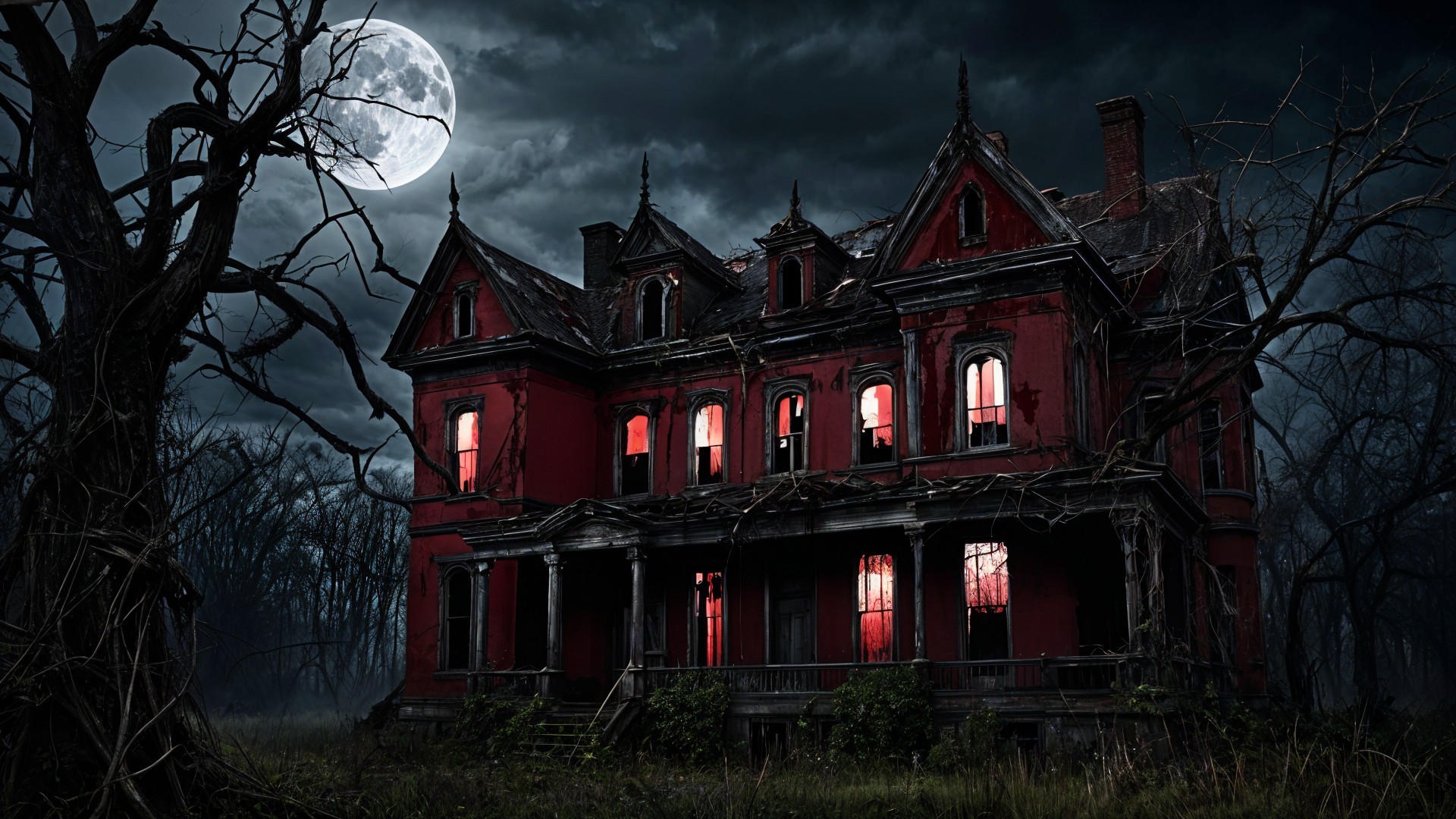 Victorian Mansion Under Stormy Sky with Eerie Details