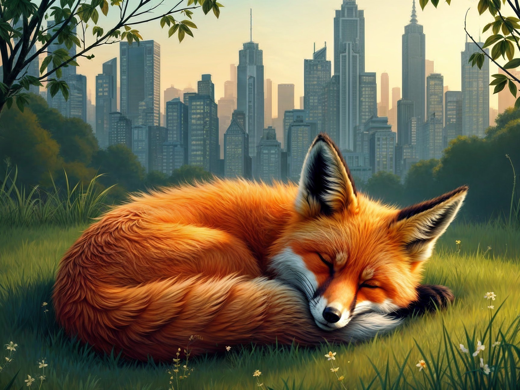 Red fox in a green field with city skyline backdrop