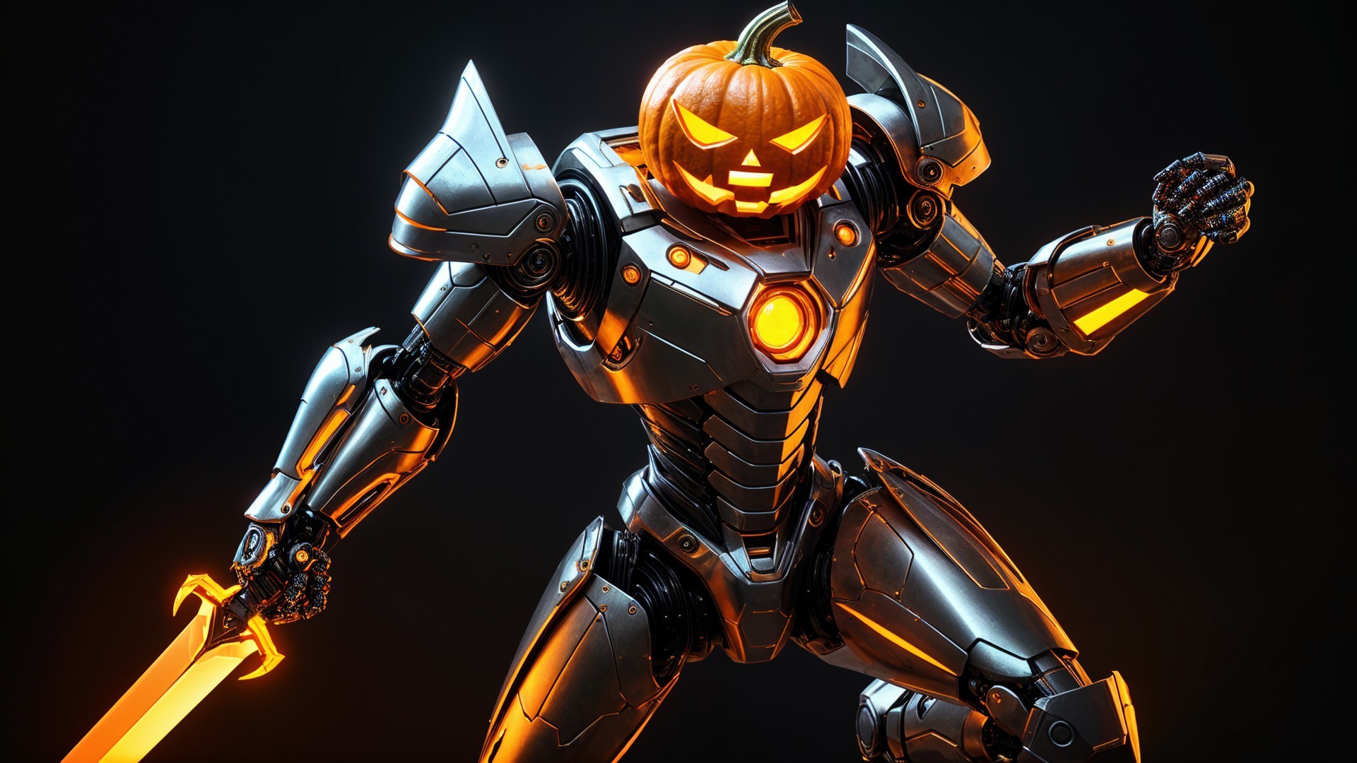 Futuristic Robot with Pumpkin Head and Sword Design