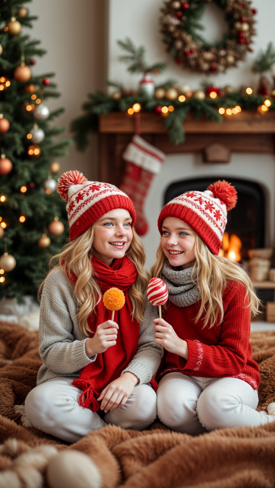Young girls in festive attire by a decorated Christmas tree