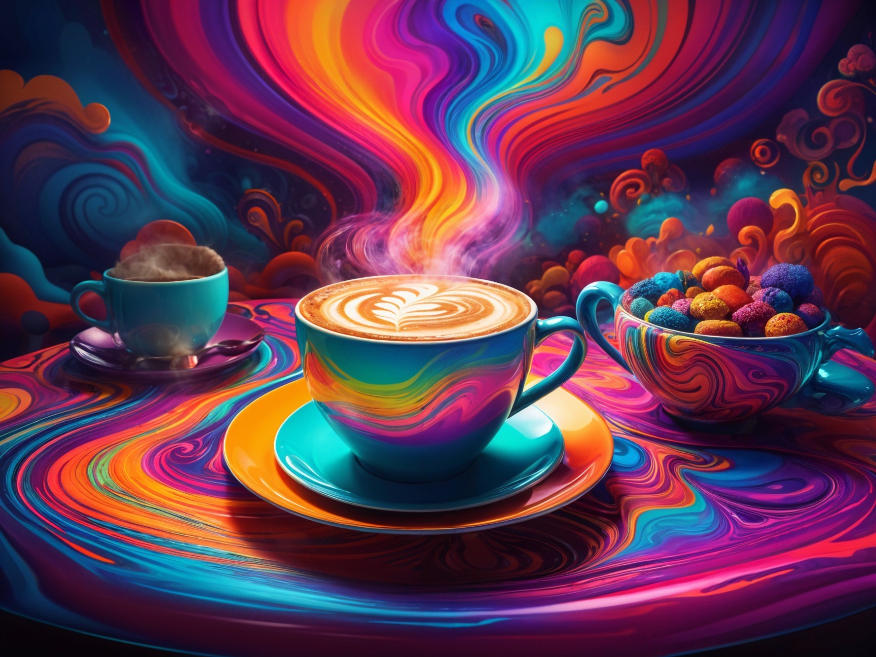 Vibrant Coffee Scene with Latte Art and Colorful Patterns