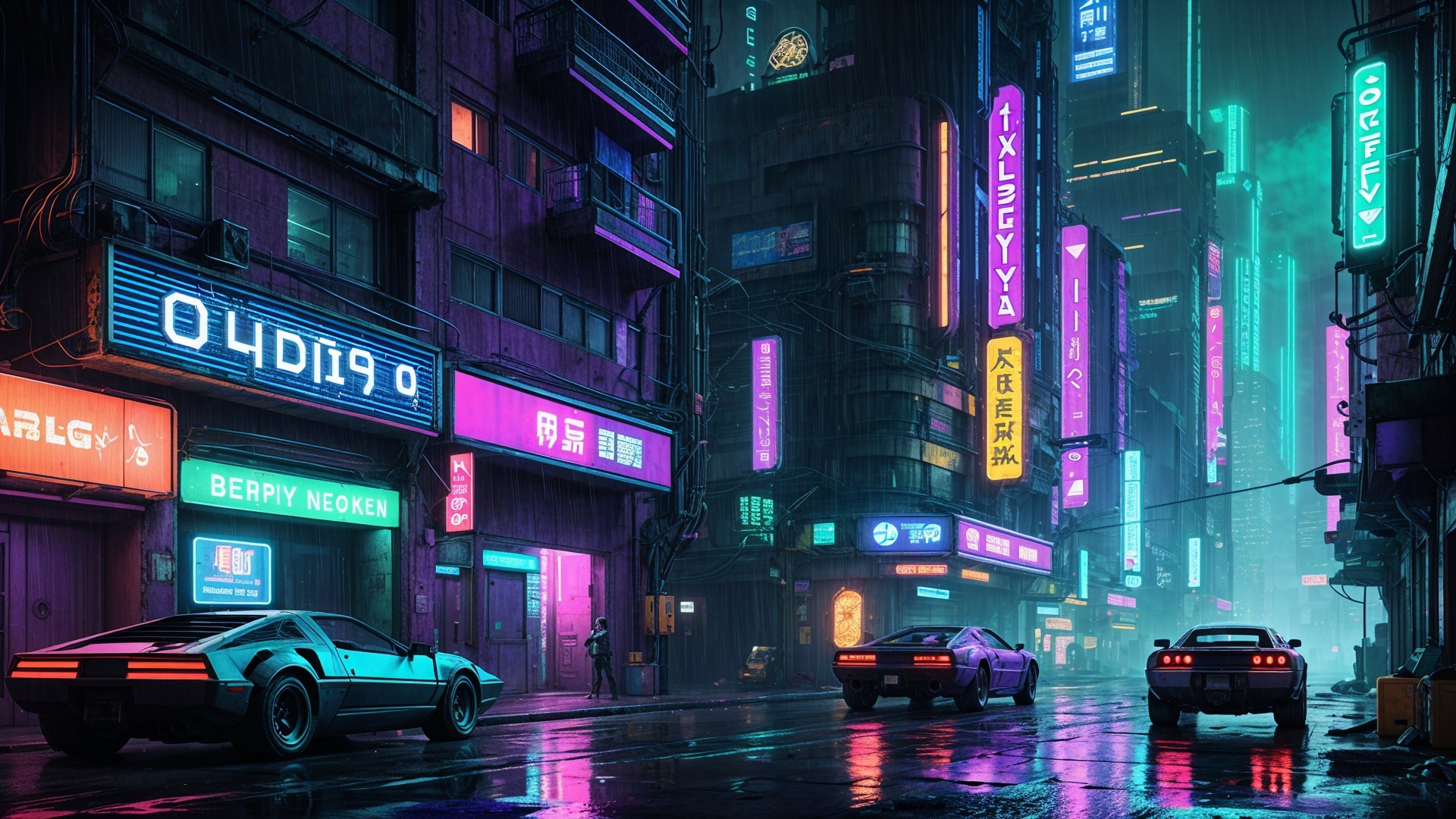 Futuristic Night Cityscape with Neon Lights and Cars