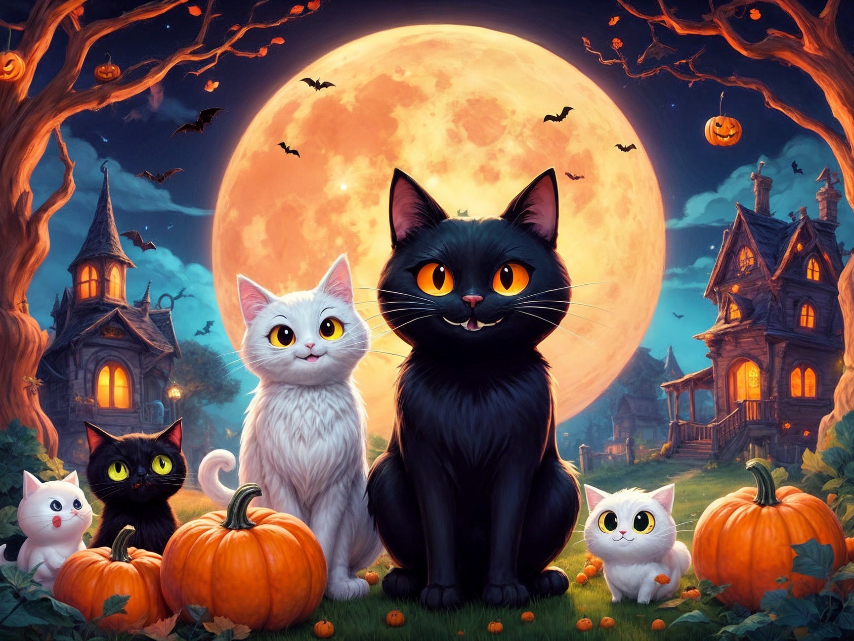 Whimsical Halloween Scene with Adorable Cats and Pumpkins