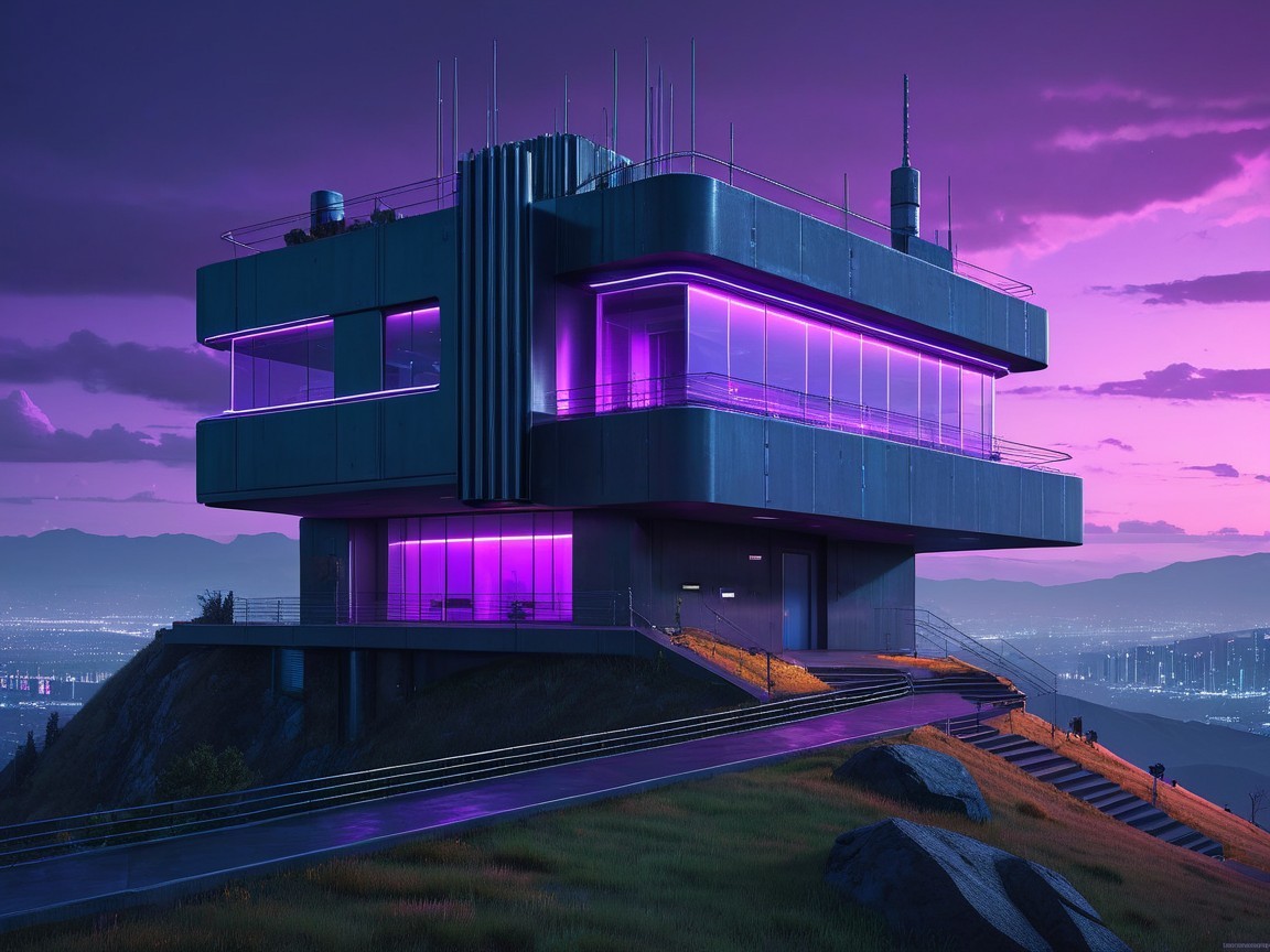 Modern hillside building with purple lights at twilight