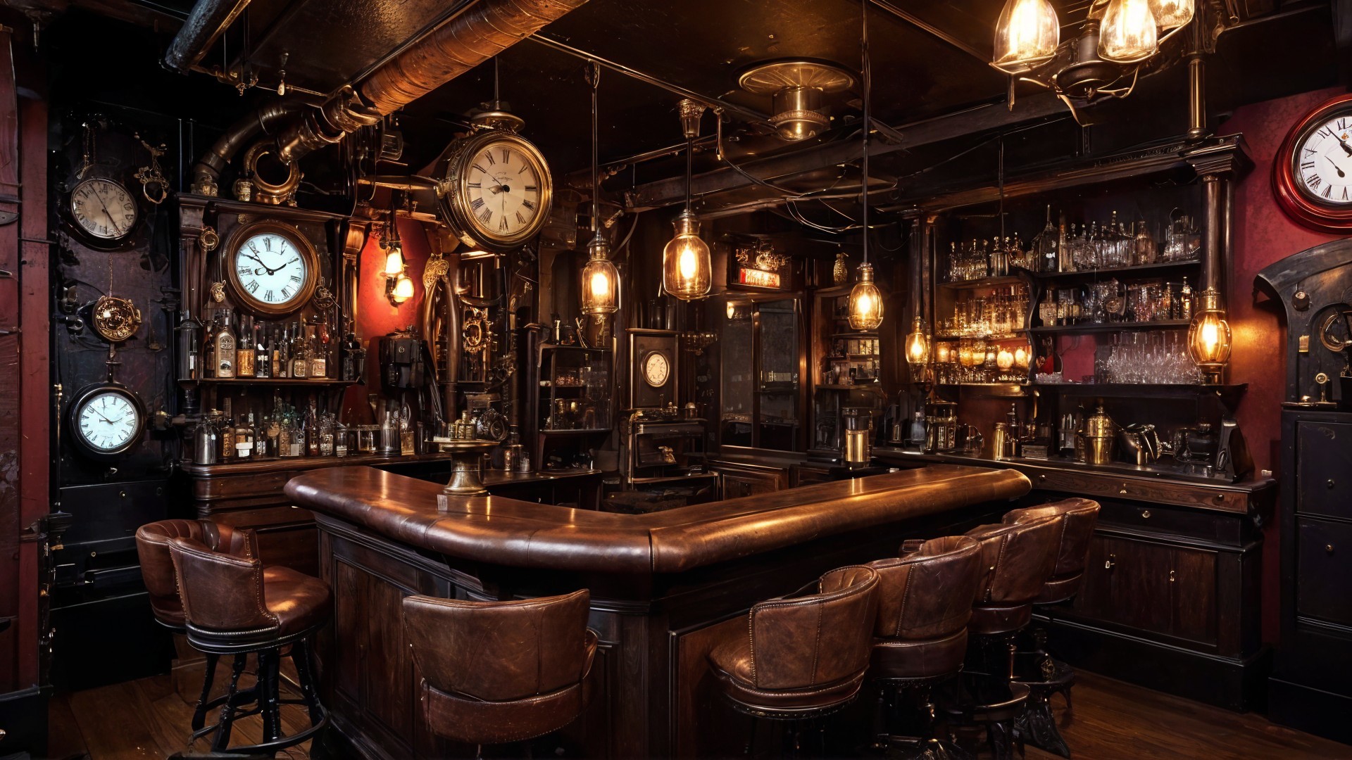 Vintage Bar with Wooden Furnishings and Leather Stools