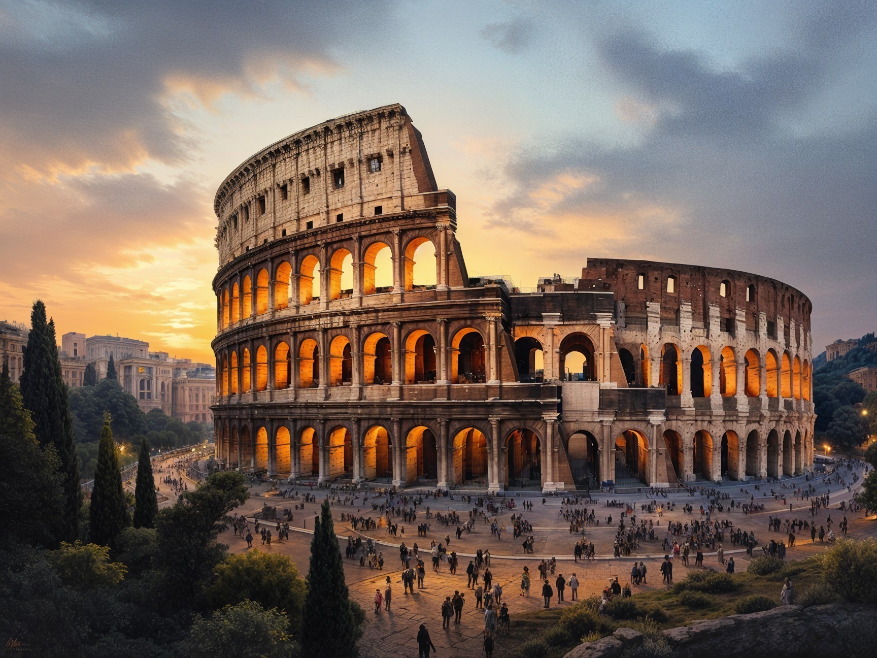 Colosseum in Rome at Sunset with Visitors and Trees