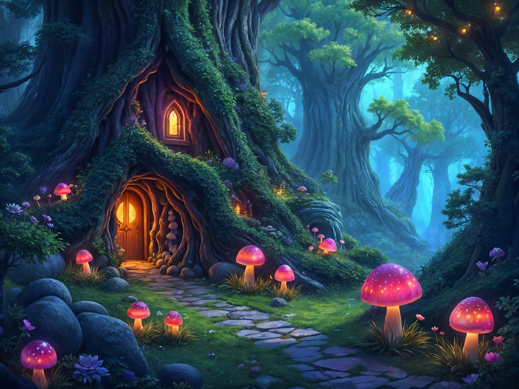Whimsical Treehouse in a Mystical Forest Landscape