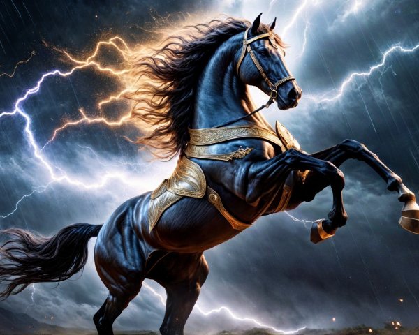 Black horse in gold armor rearing under stormy sky