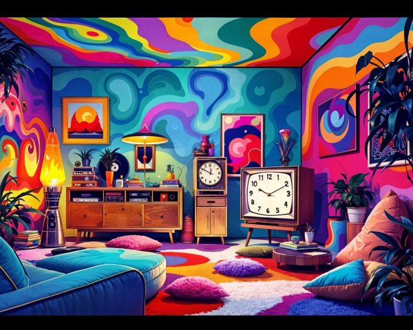 Psychedelic Room with Retro Furniture and Artwork