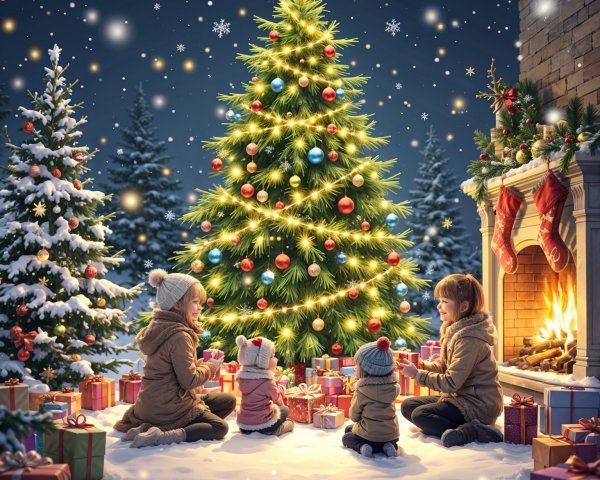 Winter Scene with Children and Christmas Decorations