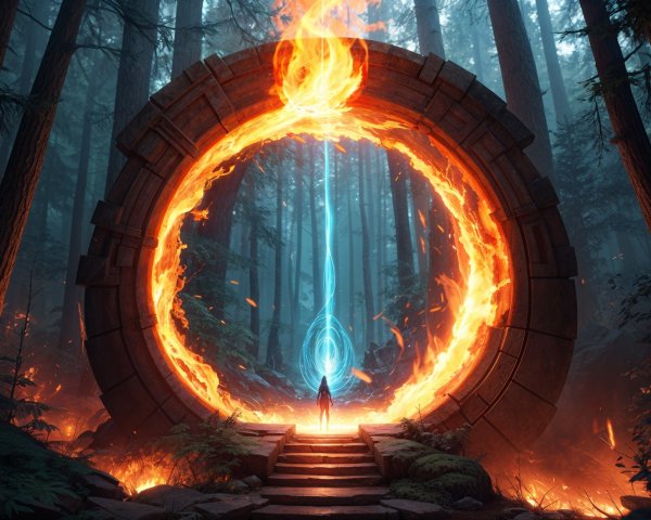 Misty Forest with Fiery Stone Portal and Figure