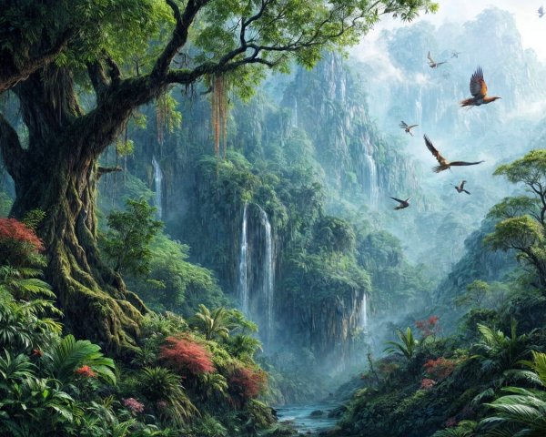 Lush Tropical Rainforest with Waterfalls and Wildlife