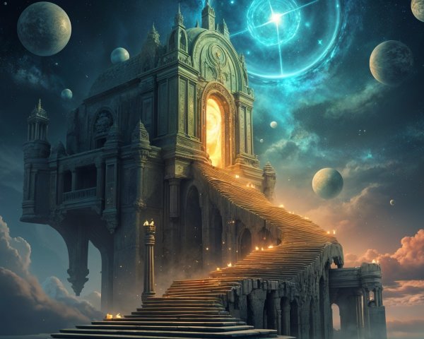 Ancient Structure with Ornate Staircase and Portal