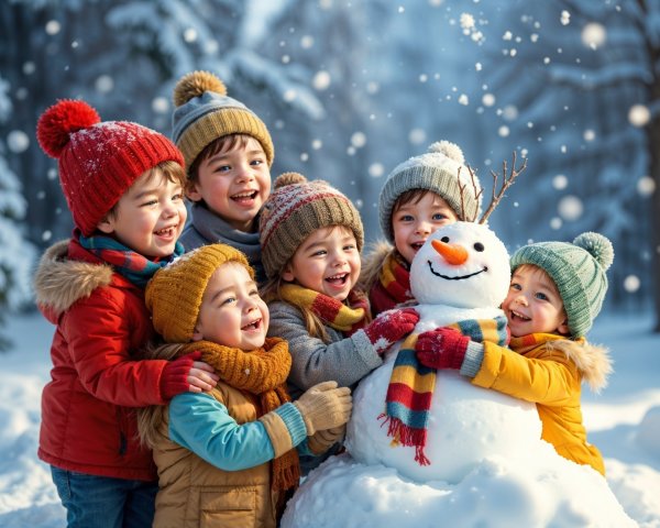 Children in Colorful Winter Attire with Snowman