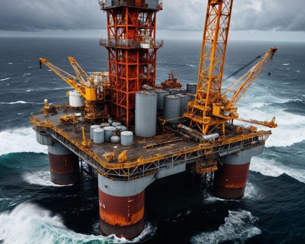 Offshore Oil Rig Against Stormy Sea and Clouds