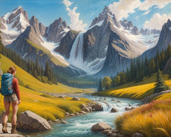 Lush Valley with Hiker by Crystal-Clear Stream