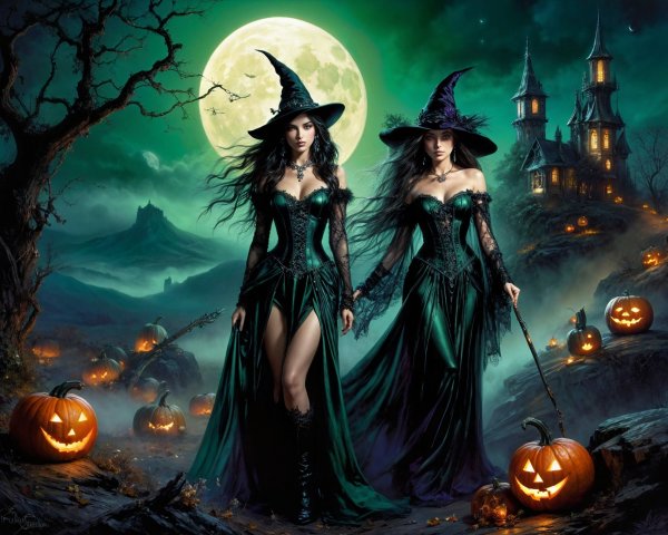 Witches in Green Gowns in a Mystical Halloween Scene