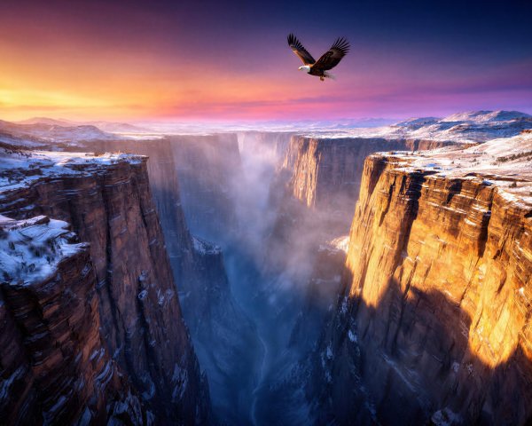Bald Eagle Soaring Over Sunset Canyon Landscape