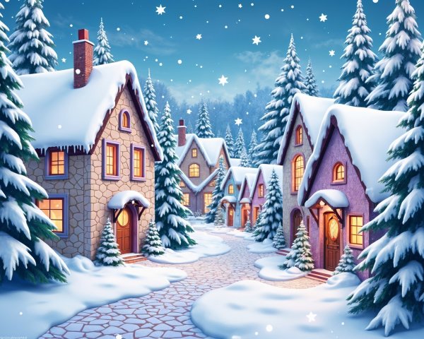 Charming winter village scene with snow-covered cottages