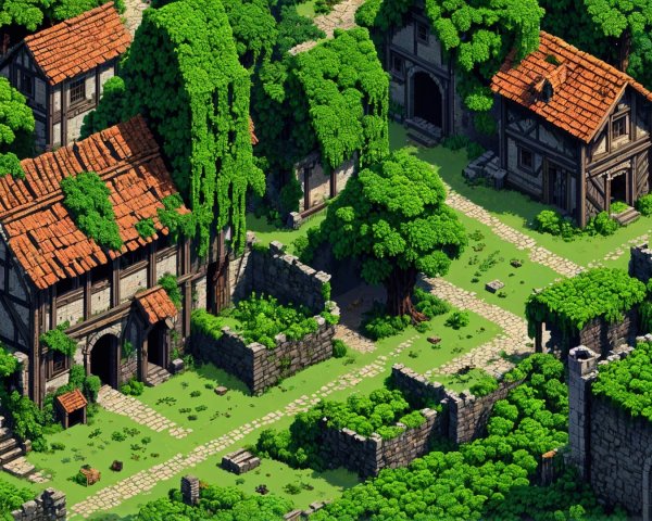 Pixelated village surrounded by lush greenery and paths