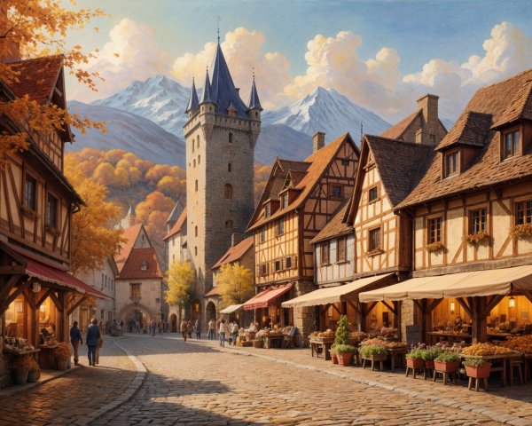 Medieval Village Surrounded by Autumn Foliage and Mountains