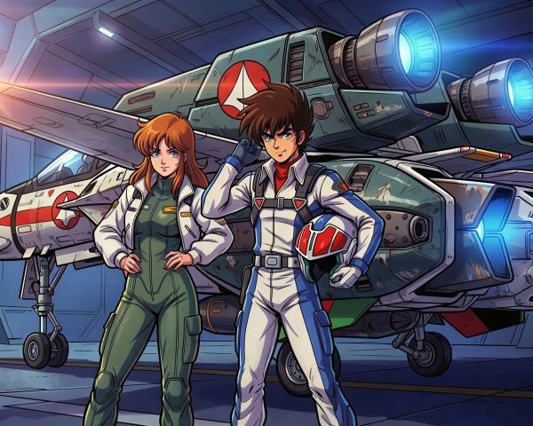 Anime-Style Illustration of Pilots and Aircraft in Hangar