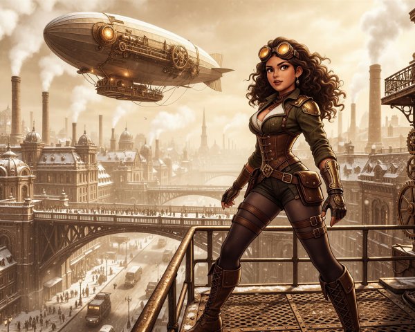 Anime girl in steampunk attire on rooftop balcony