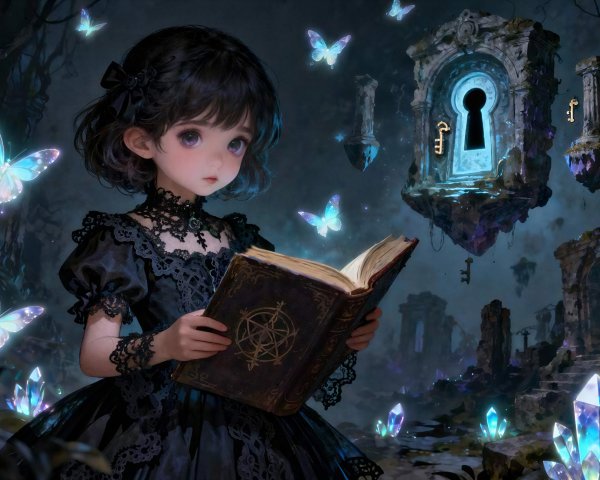 Anime Girl in Victorian Dress in Mystical Forest