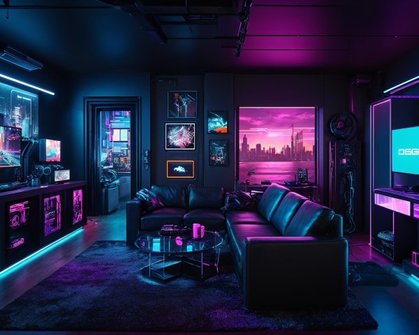 Futuristic gaming room with neon lights and skyline view