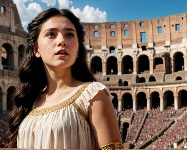 Young woman in cream dress at the Colosseum
